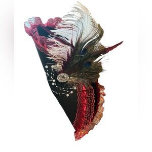 Black Tricorn Lace-Trimmed Pirate Hat Embellished w/Feathers and Gems NWOT